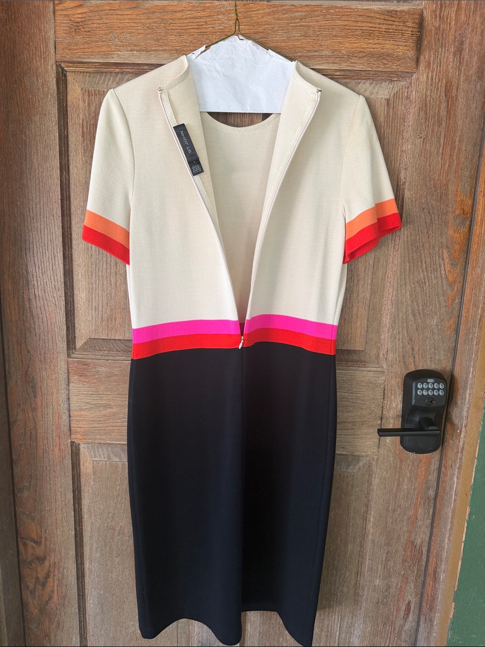 St. John Cream & Black Short Sleeve Colorblock Dress with Pink and Red Stripes - Picture 4 of 10